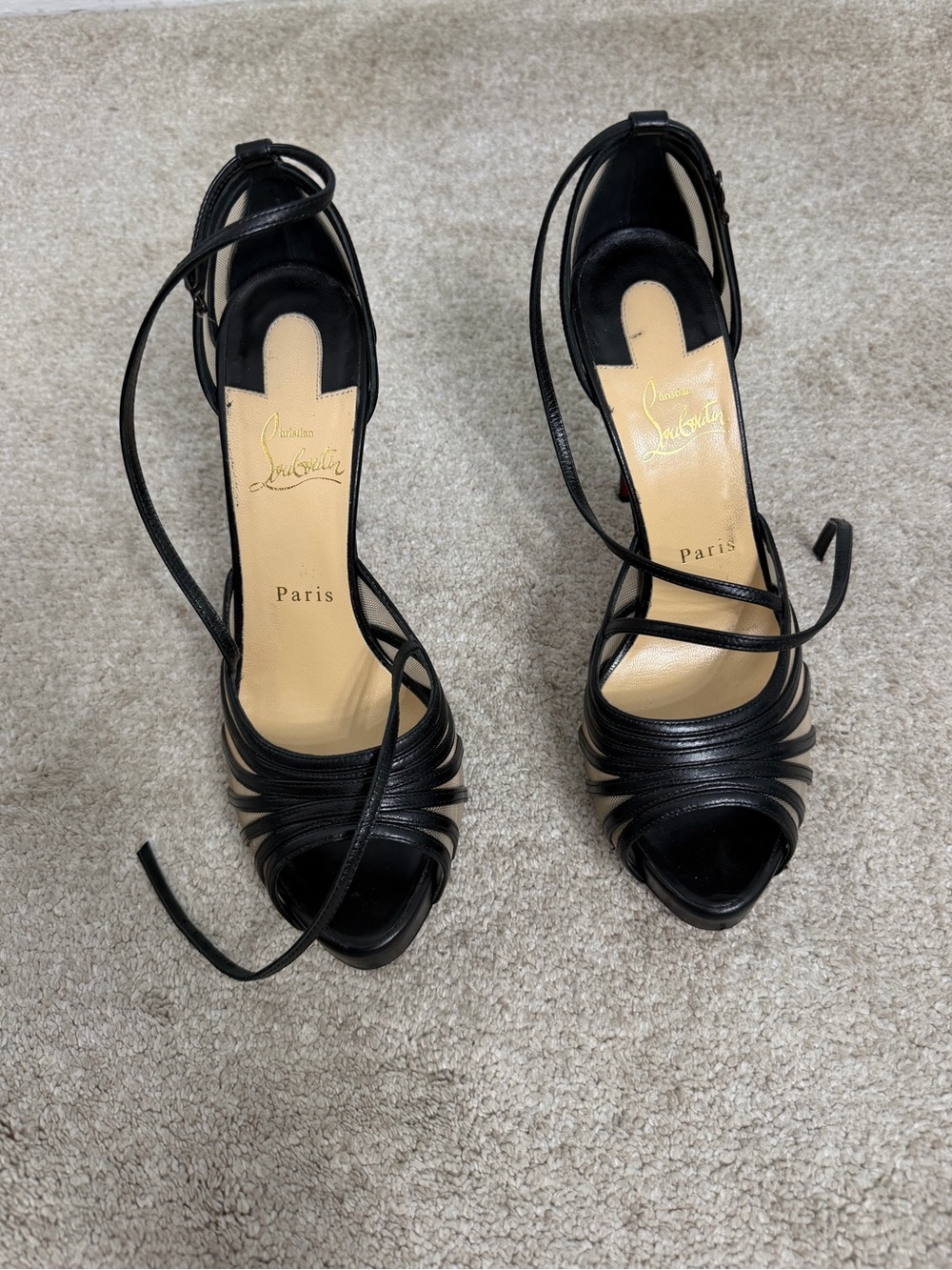 Christian Louboutin Black Strappy Peep-Toe Heels - Elegant Evening Sandals